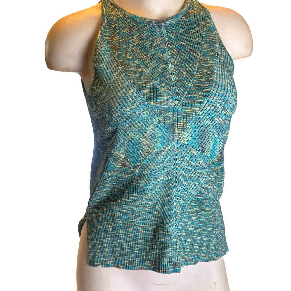 By Anthropologie XS Space Dye Ribbed Knit Tank Teal Boho Indie Y2K Chevron